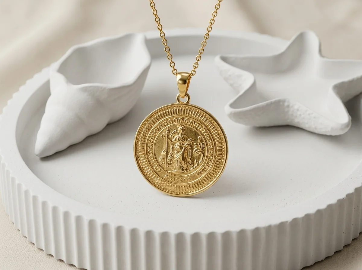 Imagem editorial de medalha de semijoia em pedestal